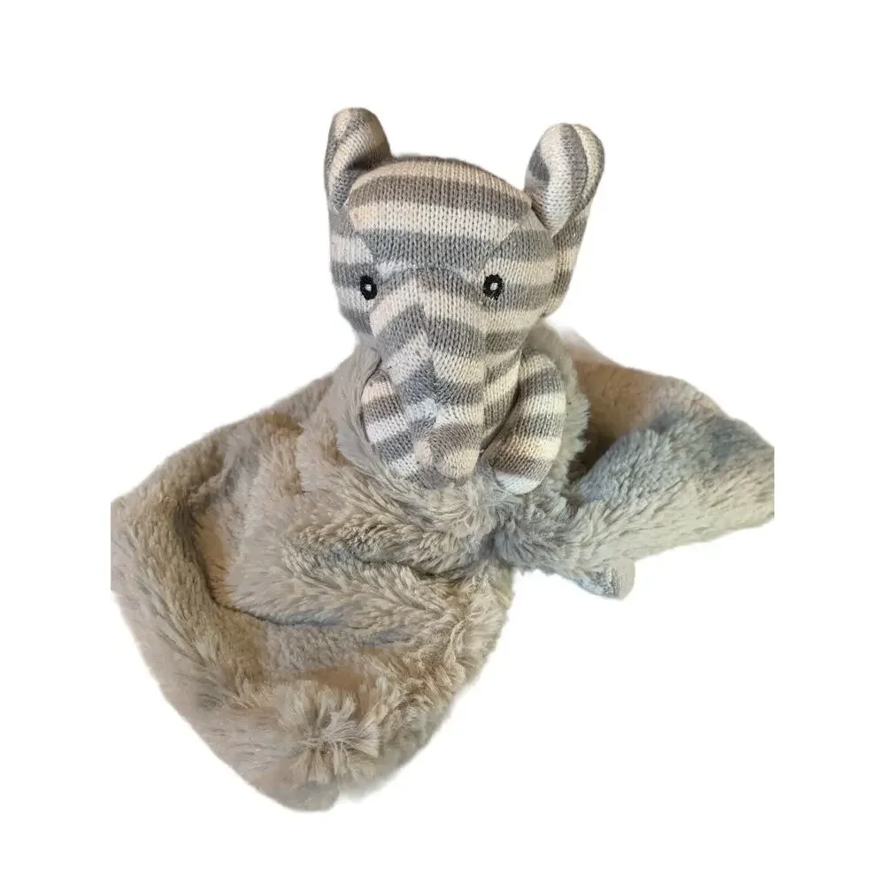 Kellytoy Gray White Stripe Elephant Knit Plush‎ Security Blanket Rattle Lovey
